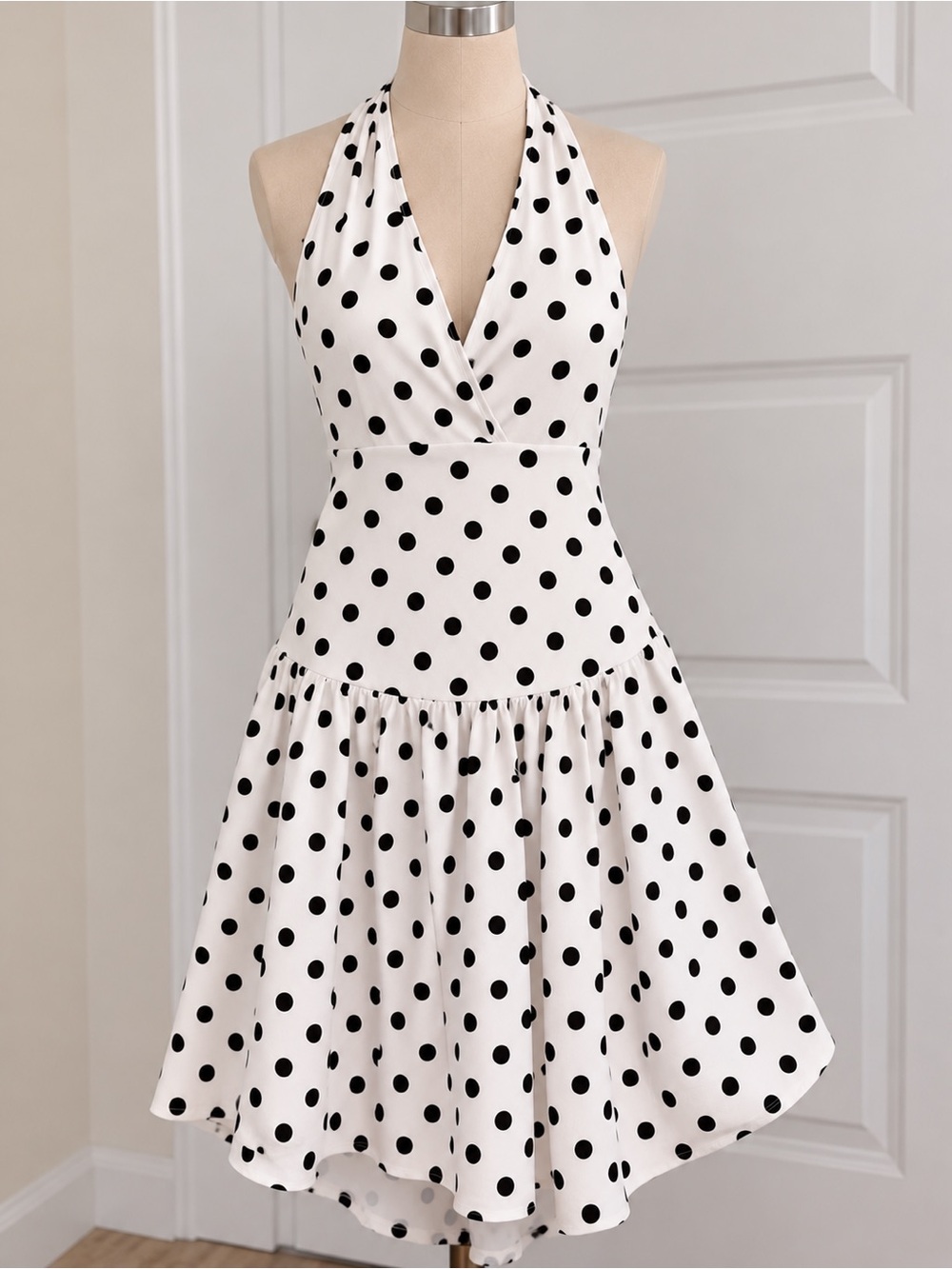 Polka Dot Halter Midi Dress - Black on White